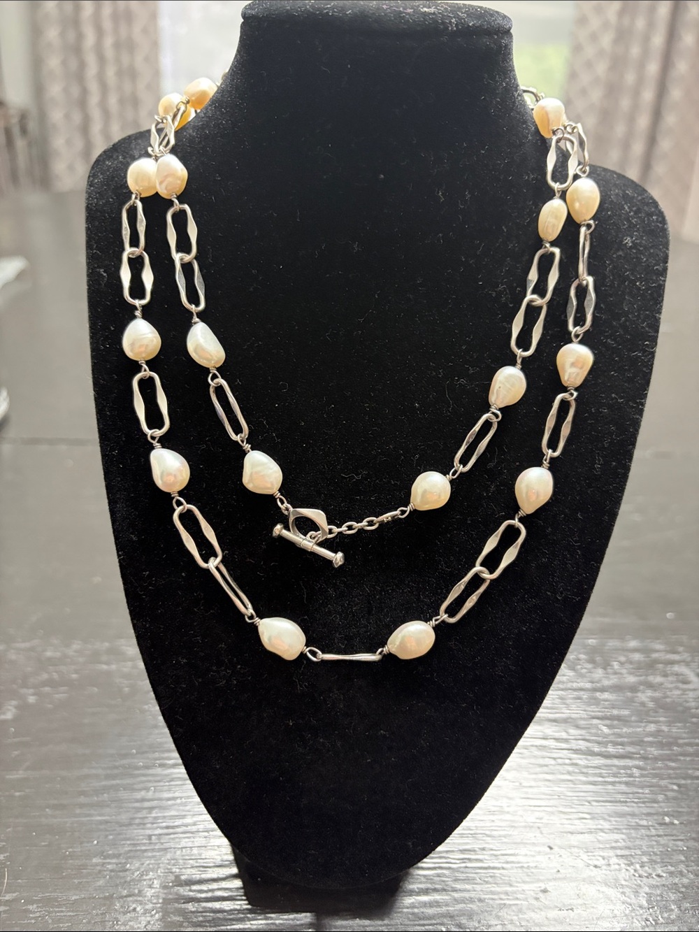 Honora 925 Silver Paper Clip Necklace with Cream Freshwater Pearls
